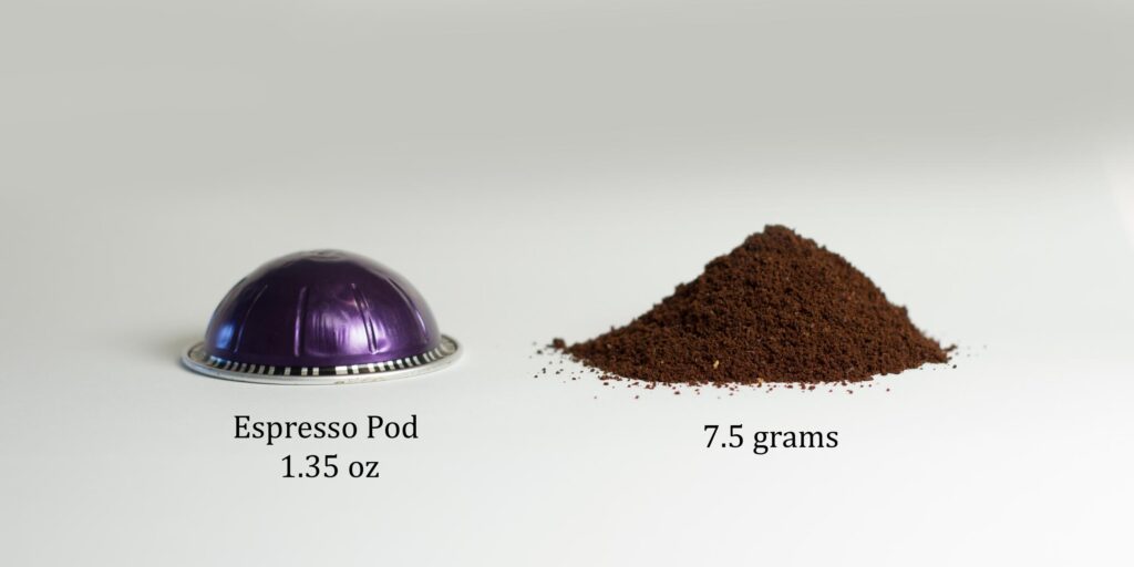 Nespresso 1.35oz espresso pod emptied out onto the table showing 7.5 grams of coffee that was in the pod 